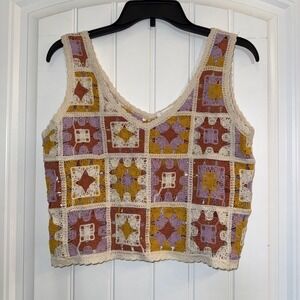 Rebellion Crochet Granny Square Crop Top Size Small. 70's Boho Patchwork EUC